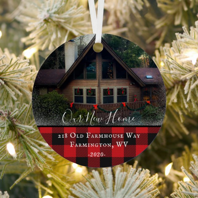 Custom House Photo First Xmas New Home Family Name Metal Ornament (Insitu)