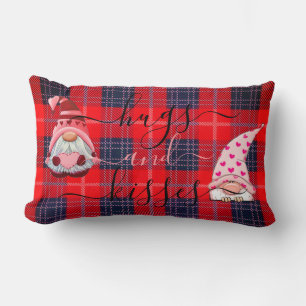 Custom HUGS & KISSES Gnome Buffalo Plaid Valentine Lumbar Pillow