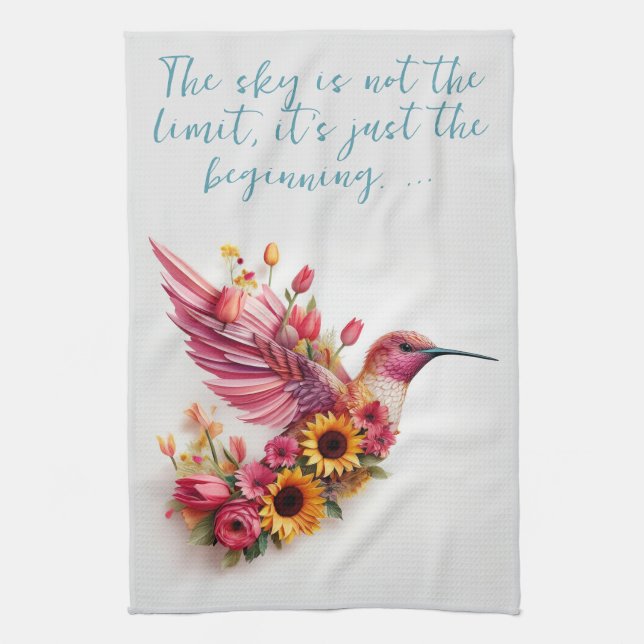 Custom Humming bird flying with flowers Kitchen Towel (Vertical)