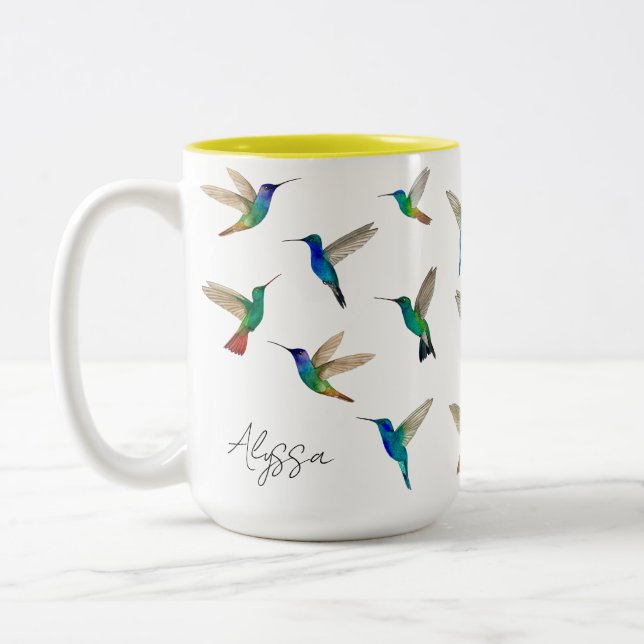 Custom hummingbirds Two-Tone coffee mug (Left)