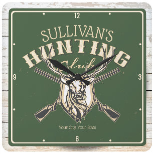 Custom Hunter NAME Deer Trophy Rifle Hunting Club Square Wall Clock