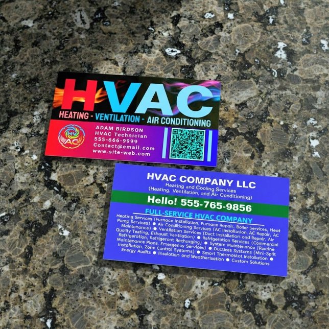 Custom HVAC Company Logo Qr Code | Professional AC Business Card (custom ac service business cards, hvac business card with QR, professional heating and cooling cards)