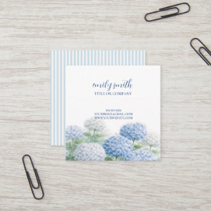 Custom Hydrangea Coastal Blue Stripe Square Business Card