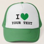 Custom I HEART trucker hat with green love icon<br><div class="desc">Custom I HEART trucker hat with green love icon. Make your own personalized cap with this blank template. Custom colour heart with black typography.</div>