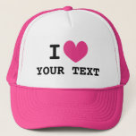 Custom I HEART trucker hat with pink love icon<br><div class="desc">Custom I HEART trucker hat with pink love icon. Make your own personalized cap with this blank template. Custom colour heart with black typography.</div>