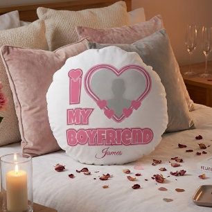 Custom I Love My Boyfriend – Add Photo & Name Round Pillow