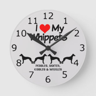 CUSTOM I Love My Four Whippet Dogs Round Clock