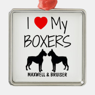 Custom I Love My Two Boxers Metal Ornament