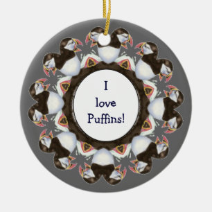 Custom "I love Puffins", Cute Watercolor Bird Ceramic Ornament