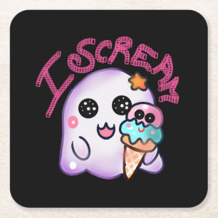 Custom "I Scream" Ghost with Ice Cream Cone Art Square Paper Coaster