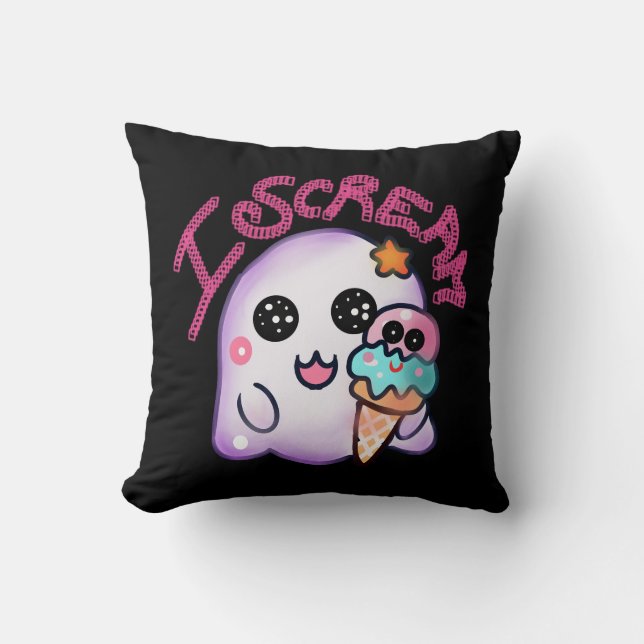 Custom "I Scream" Ghost with Ice Cream Cone Art Throw Pillow (Front)