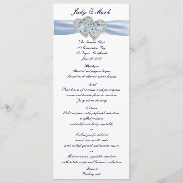 Custom Ice Blue Hearts Menu Card (Front)