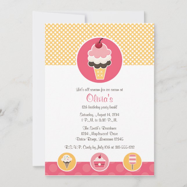Custom Ice Cream Cone Birthday Party Invitations (Front)