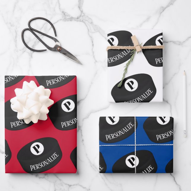 Custom Ice Hockey Name Monogram Puck Wrapping Paper Sheet (Front)