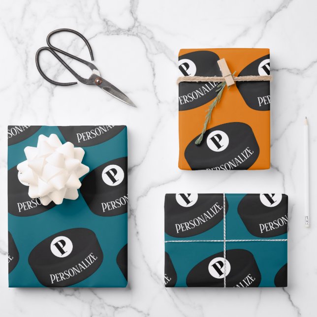Custom Ice Hockey Name Monogram Puck Wrapping Paper Sheet (Front)