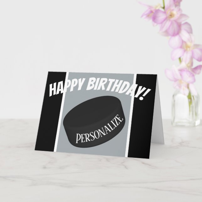 Custom Ice Hockey Puck Personalized Name Birthday Card (Orchid)