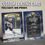 Custom Ice Hockey Trading Card Blue Gold Stadium<br><div class="desc">Score big with this custom ice hockey trading card featuring a bold blue and gold stadium design! Perfect for young athletes, sports teams, or hockey fans, this editable trading card template lets you customize player stats, team name, and photo for a professional, collectable look. Whether for end-of-season gifts, team keepsakes,...</div>