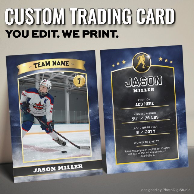 Custom Ice Hockey Trading Card Blue Gold Stadium (Custom Trading Card, Editable Ice Hockey Trading Card, Modern Blue Gold Stadium Design)