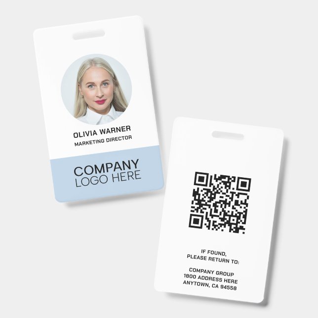 Custom ID Employee Photo QR CODE LOGO LIGHT BLUE Badge (Front & Back)