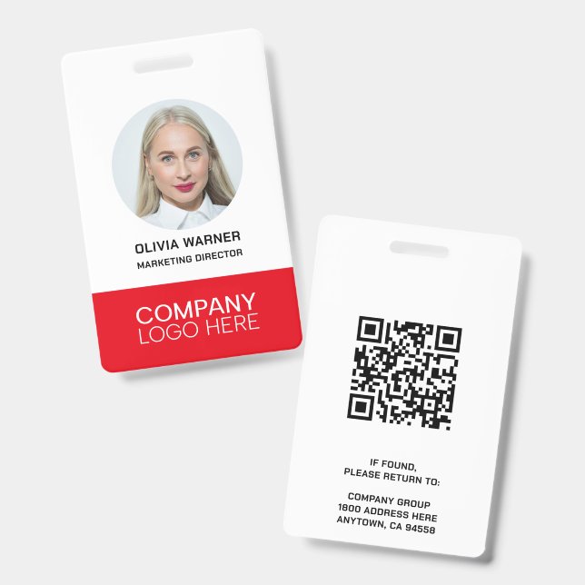 Custom ID Employee Photo QR CODE LOGO RED Badge (Front & Back)