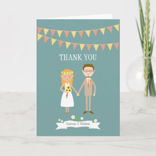 Custom Illustrated Cartoon Couple Portrait Wedding Thank You Card