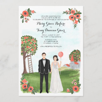 Custom Illustrated Couple Portrait Farm Wedding Invitation