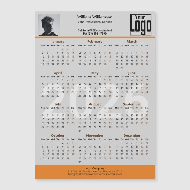 Custom Image Logo Gray Orange 2026 Calendar Magnet (Devant)