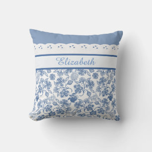 Custom Indigo Blue and White Floral Faux Lace Throw Pillow