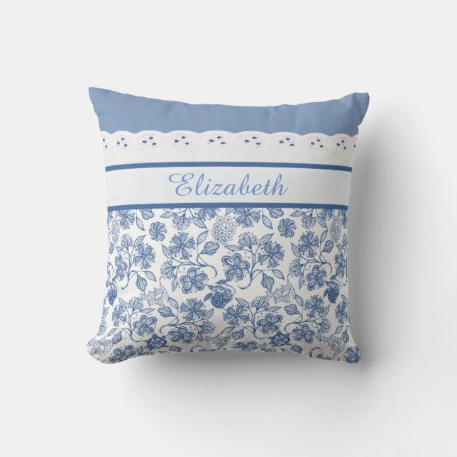 Custom Indigo Blue and White Floral Faux Lace Throw Pillow (Front)