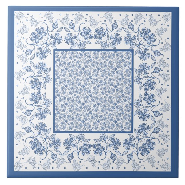 Custom Indigo Blue Floral Border Ceramic Tile (Front)