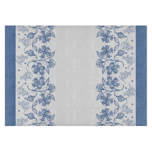 Custom Indigo Blue Floral Border Cutting Board (Front)