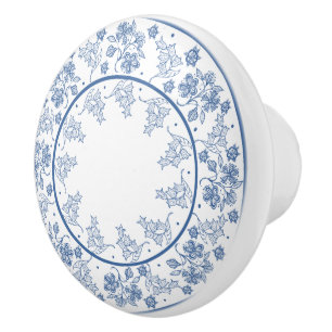 Custom Indigo Blue Floral Border Drawer Knob