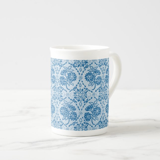 Custom Indigo Blue Floral Faux Lace Pattern Bone China Mug (Front Right)