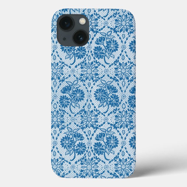 Custom Indigo Blue Floral Faux Lace Pattern Case-Mate iPhone Case (Back)