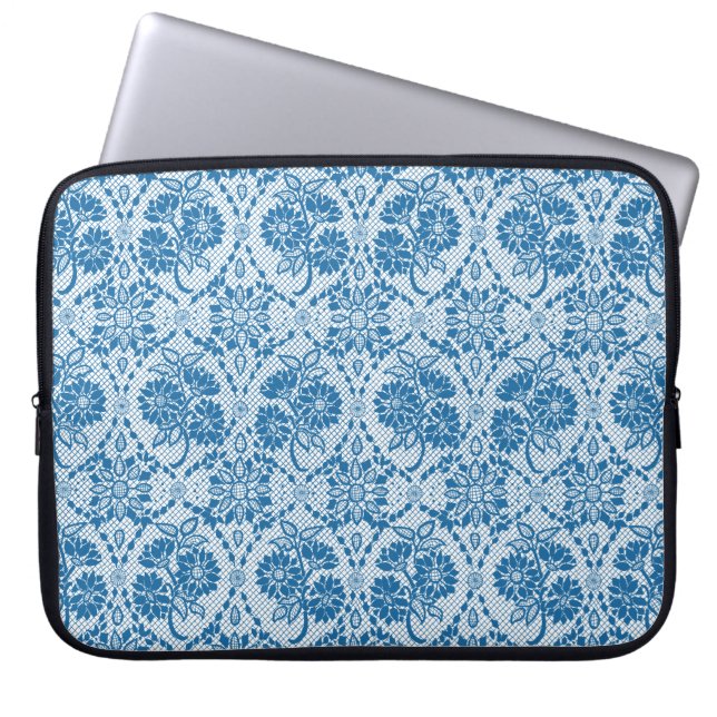 Custom Indigo Blue Floral Faux Lace Pattern Laptop Sleeve (Front)