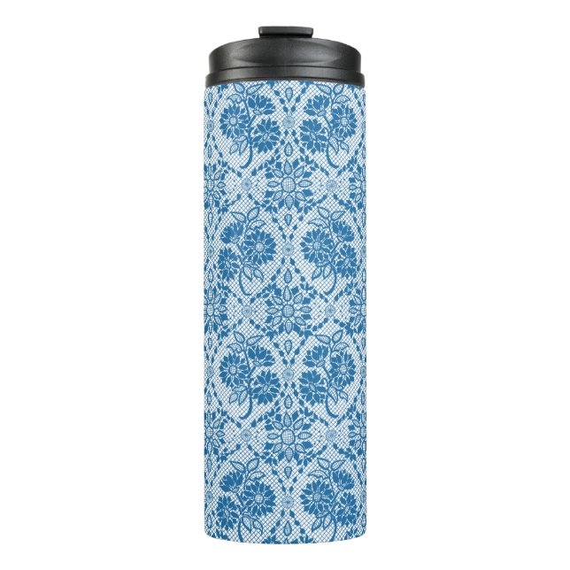 Custom Indigo Blue Floral Faux Lace Pattern Thermal Tumbler (Front)