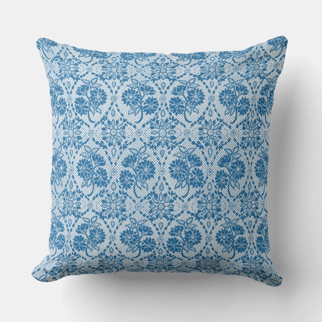 Custom Indigo Blue Floral Faux Lace Pattern Throw Pillow (Front)