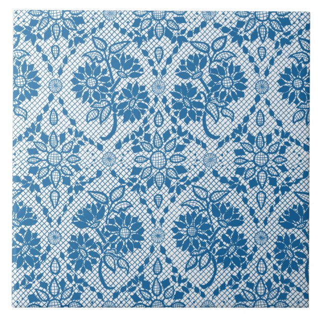 Custom Indigo Blue Floral Faux Lace Pattern Tile (Front)