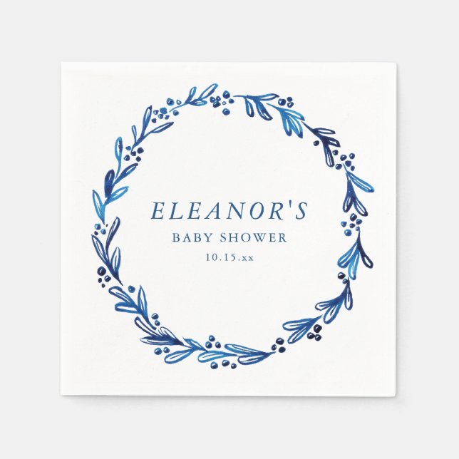 Custom Indigo Blue Ink Botanical Baby Shower Napkin (Front)