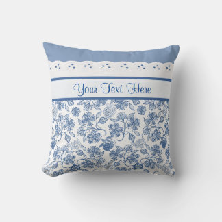 Custom Indigo Blue on White Floral and Faux Lace Throw Pillow