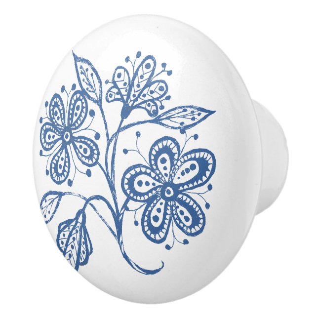 Custom Indigo Blue on White Floral Drawer Knob (Right)
