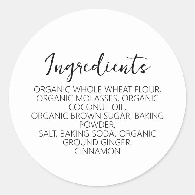Custom Ingredients Homemade Small Batch Classic Round Sticker (Front)