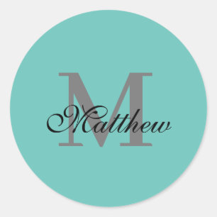 Custom initial and name text teal classic round sticker