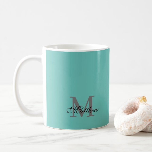 Custom initial and name text teal coffee mug (With Donut)