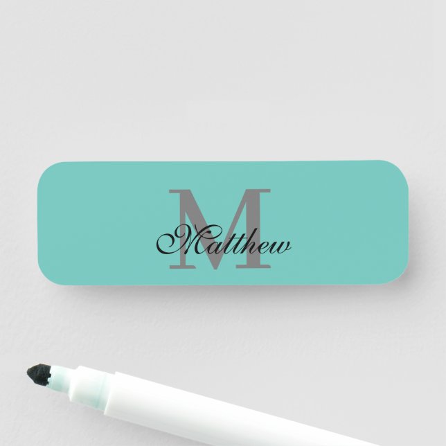 Custom initial and name text teal name tag (In Situ)