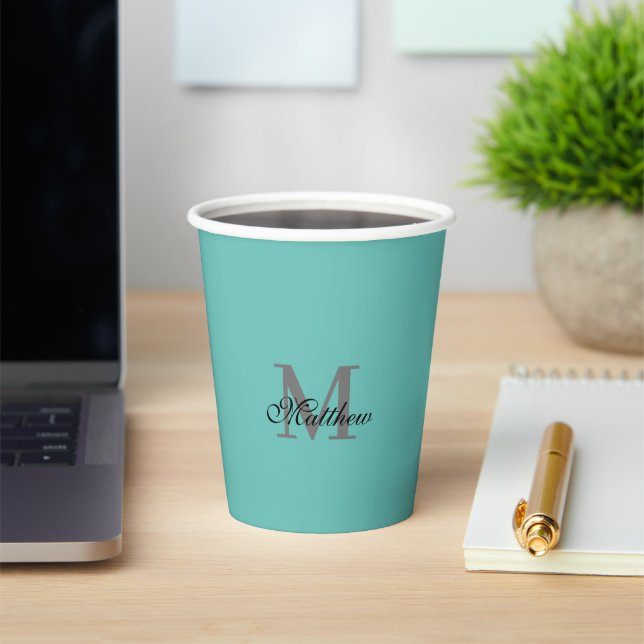 Custom initial and name text teal paper cups (Insitu)