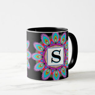 Custom initial black coffee mug Mandala pattern