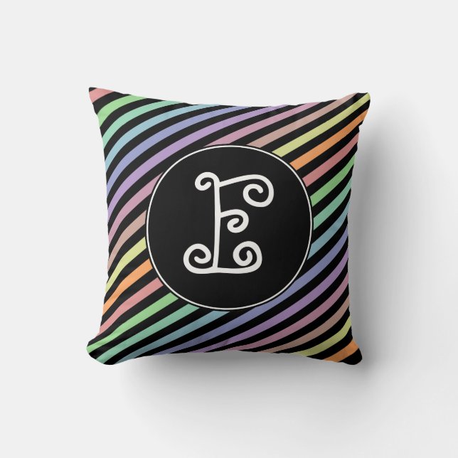 Custom Initial; Black & Pastel Colour Lines Throw Pillow (Front)