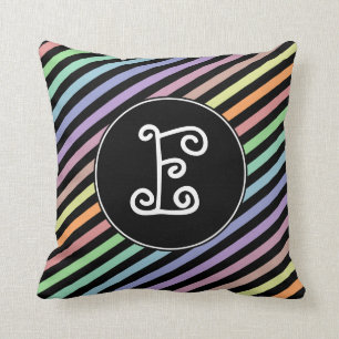 Custom Initial; Black & Pastel Colour Lines Throw Pillow