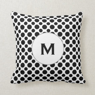 Custom Initial Black Polka Dots on White Pillow